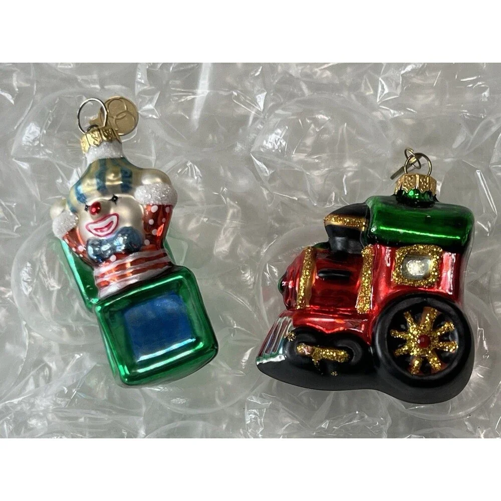 Vintage DEPT 56 Jack-in-the-Box, Train Blown Glass Christmas Ornaments Logo